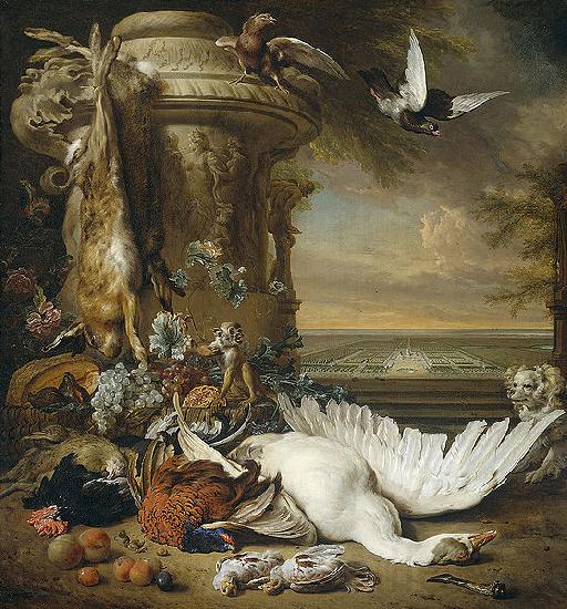 Jan Weenix Een aap en een hond bij dood wild France oil painting art
